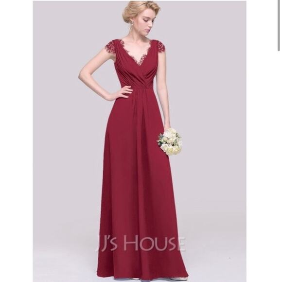 JJs House Womens Bridesmaids Dress Formal Long Lace Size 6 Burgundy Sleeveless - Picture 2 of 13